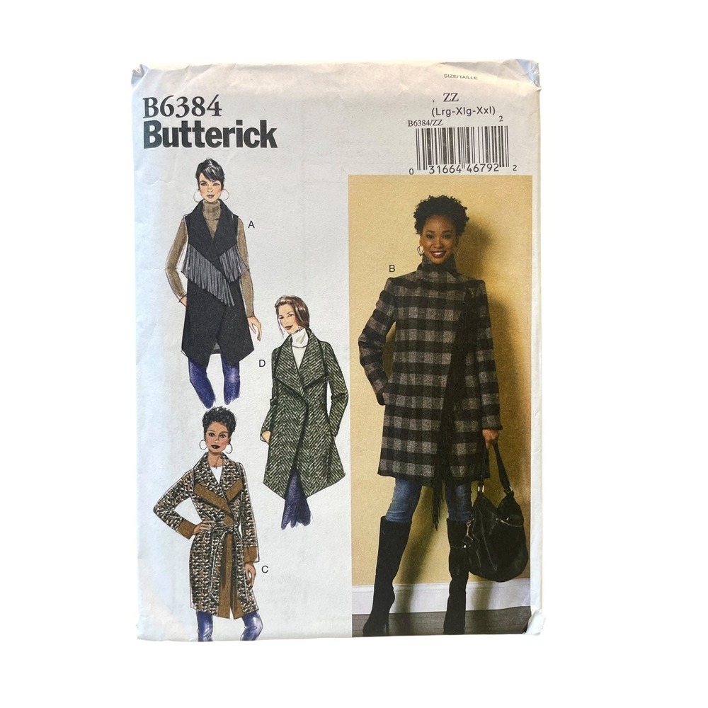 Butterick Sewing Pattern B6384 Misses L-XXL Multi Wrap Coat Vest Fringe Belted